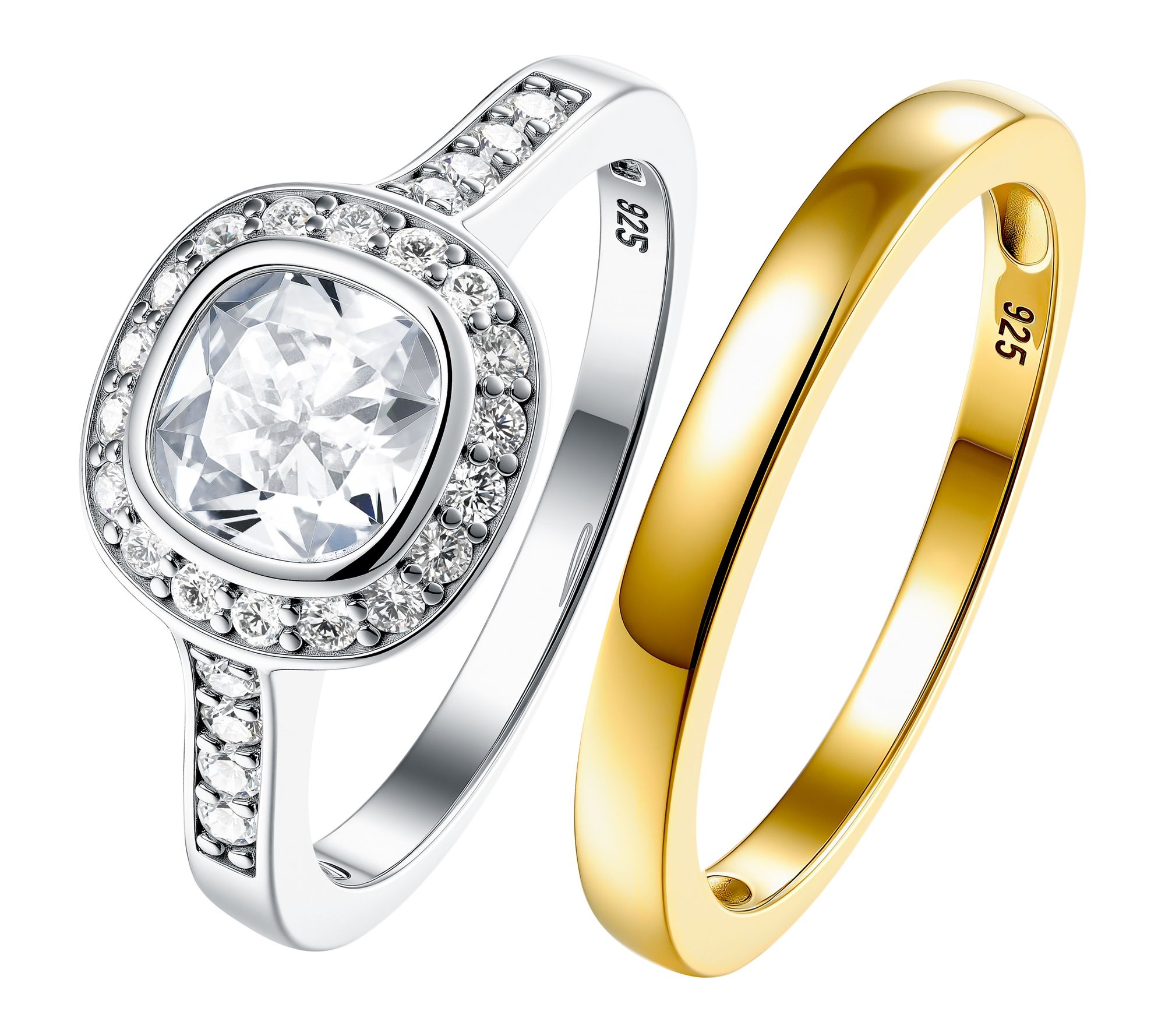 Diamonique Cushion Cut & 14K Plated Band Ring Set, Sterling