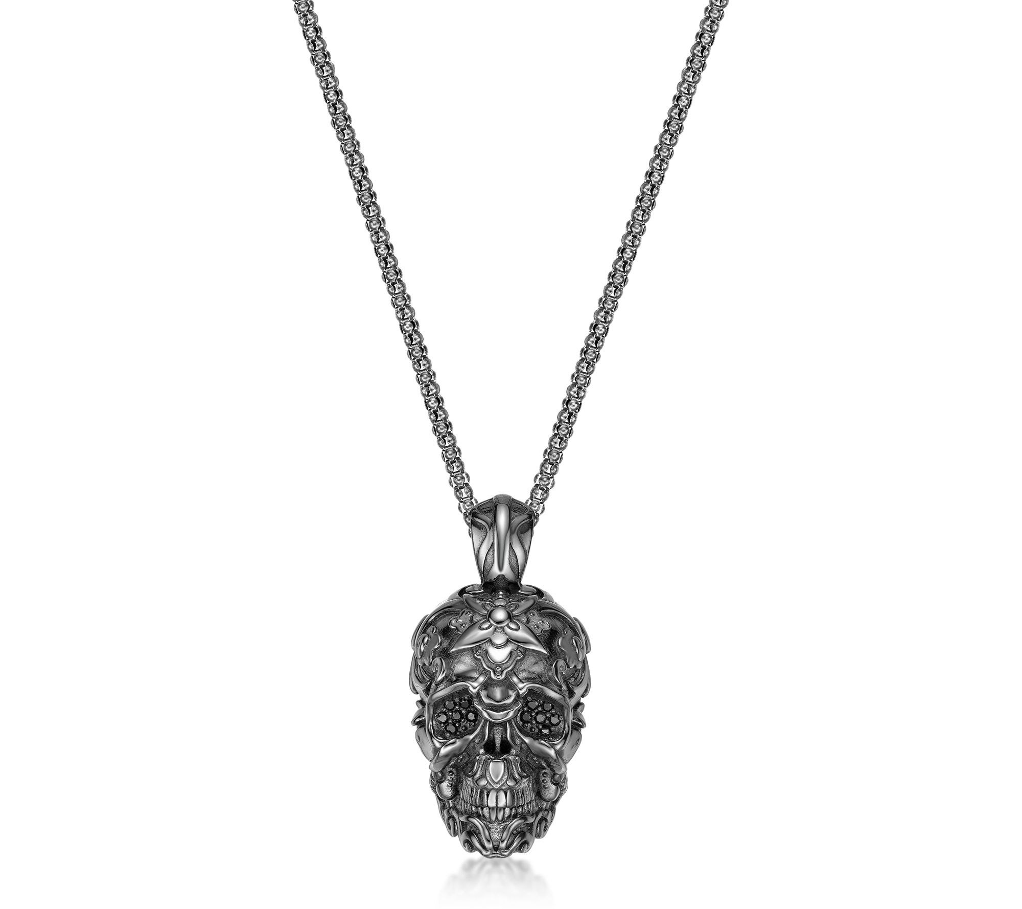 LYNX Men's Sterling Black Spinel Skull Pendantw/ Chain