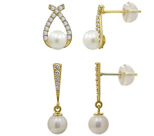 Diamonique Cultured Pearl Stud & Dangle Earring Set, 14K Gold