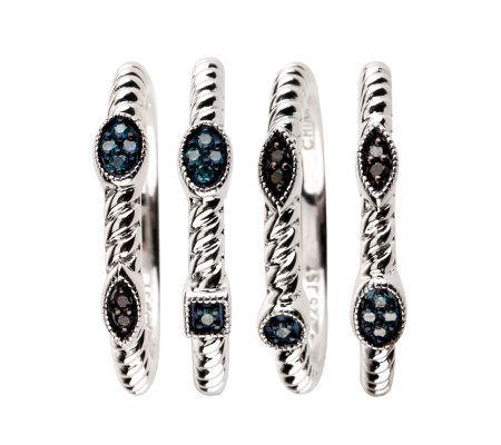Set of 4 Stack Diamond Rings, Sterling, 1/7 cttw, by Affinity - QVC.com