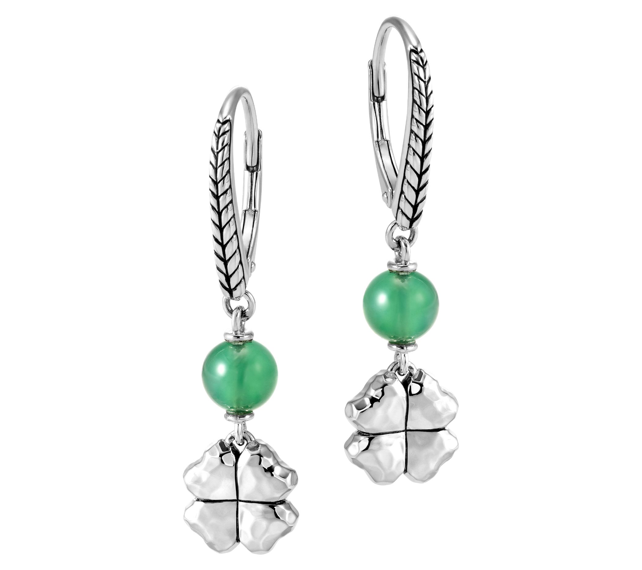 JAI Sterling Silver Green Agate & Clover Drop Earrings