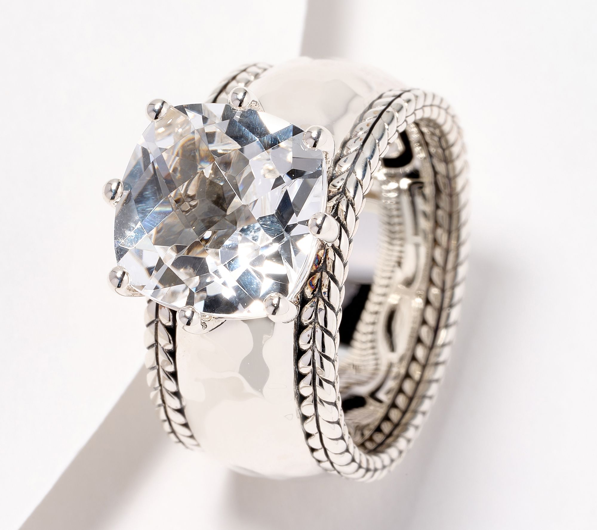 JAI Sterling Silver Cushion Cut Gemstone Hammered Ring