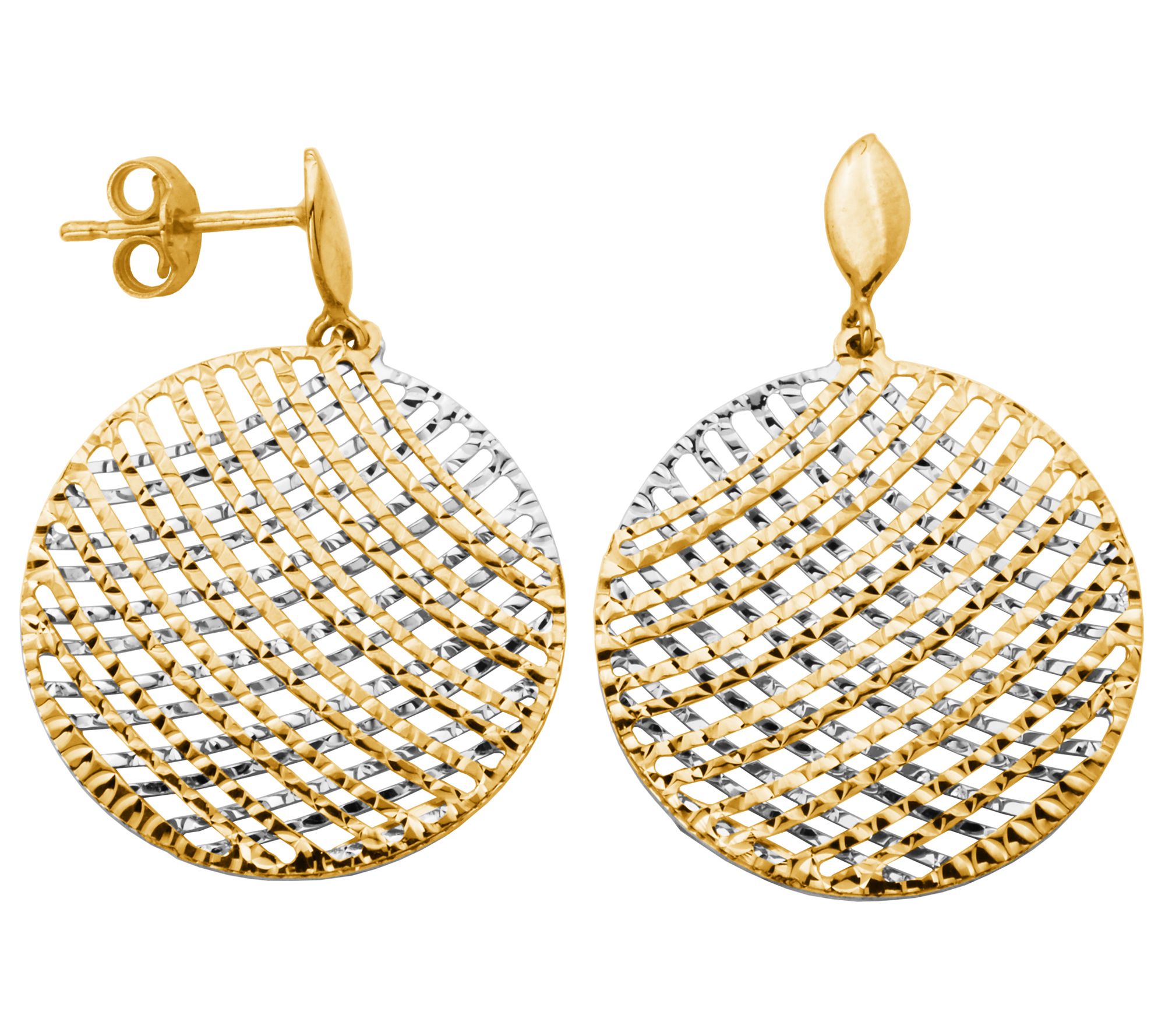 10K Gold Two-Tone Round Cross Hatch Dangle Earrings