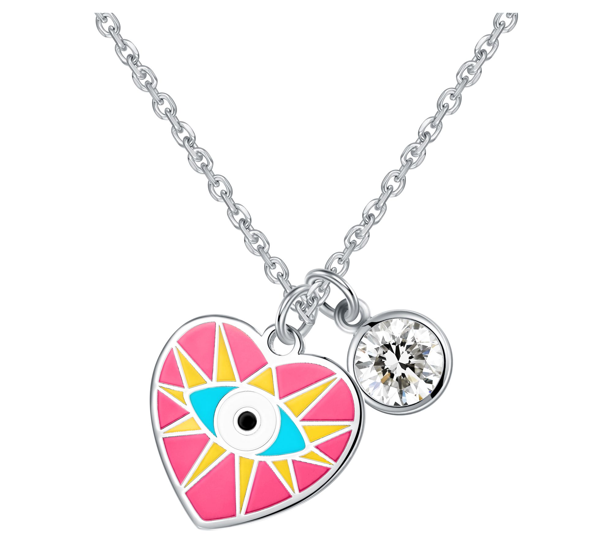 Diamonique Enamel Evil Eye Pendant w/ Chain, Sterling Silver