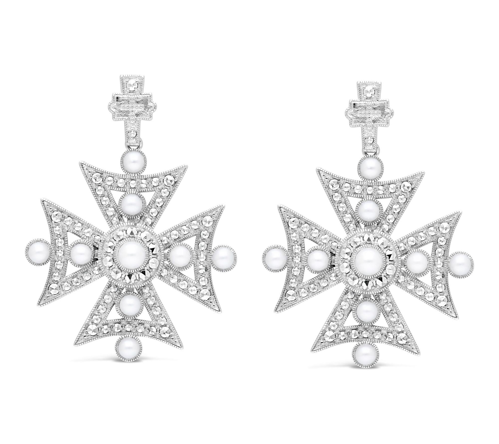 Dallas Prince Sterling Chrome Marcasite & PearlCross Earrings