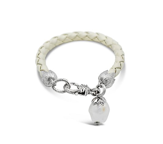 Ariva Sterling Silver Leather Cultured Pearl Bracelet