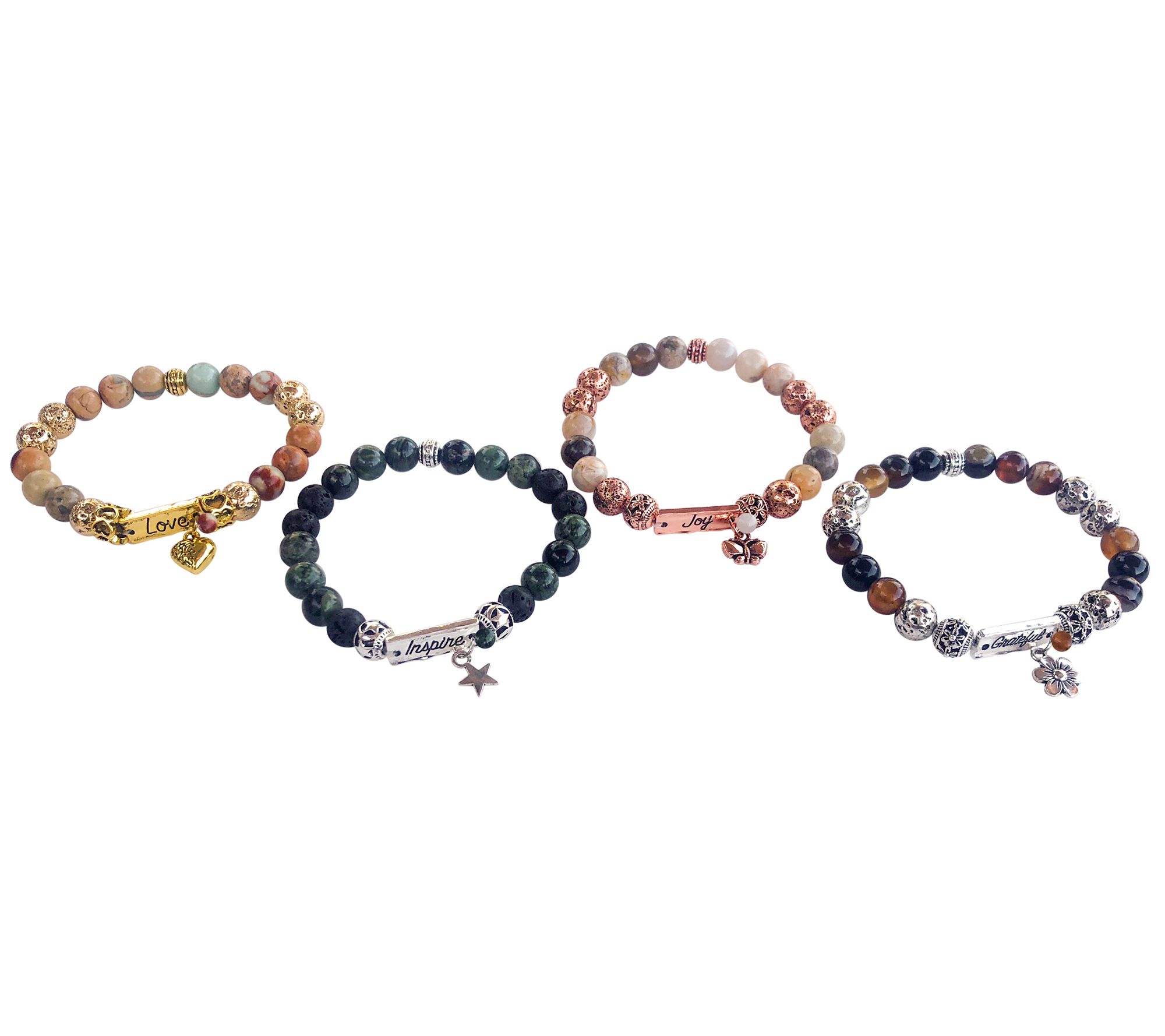 Set of 4 Lava Bead Bracelets w/Inspirational Word Bar Charm in Bag
