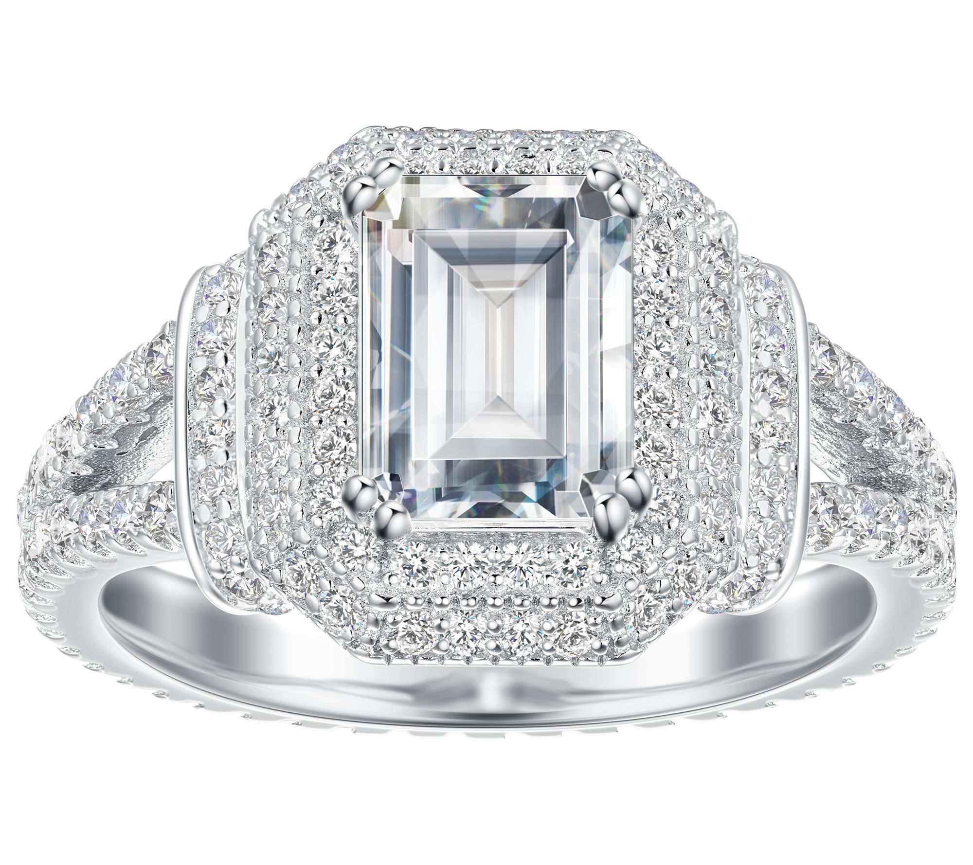 Diamonique 3.35 cttw Emerald-Cut Double Halo Ring, Sterling - QVC.com