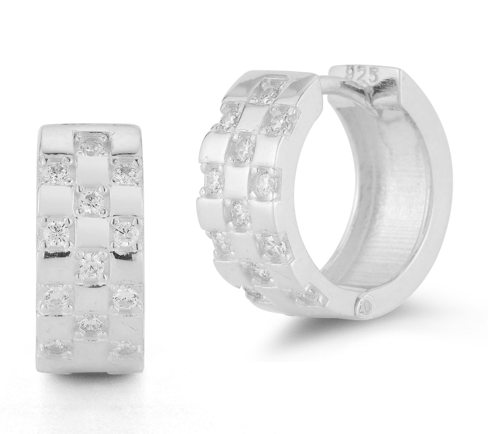 Sterlina Silver Pave Checkered Huggie Hoop Earr ings, Sterling