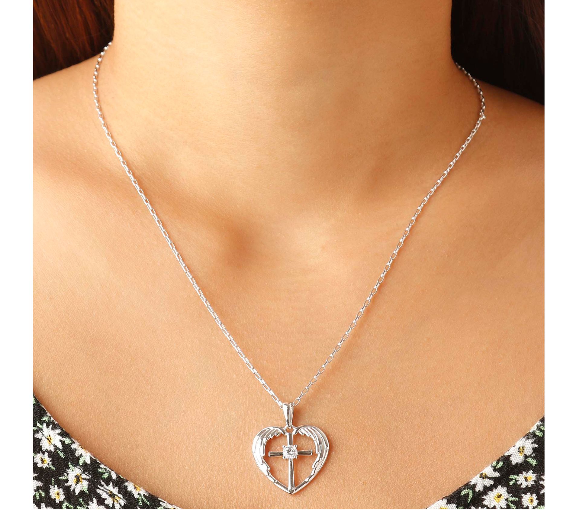 Diamonique Guardian Angel Heart Pendant w/ Chain, Sterling - QVC.com