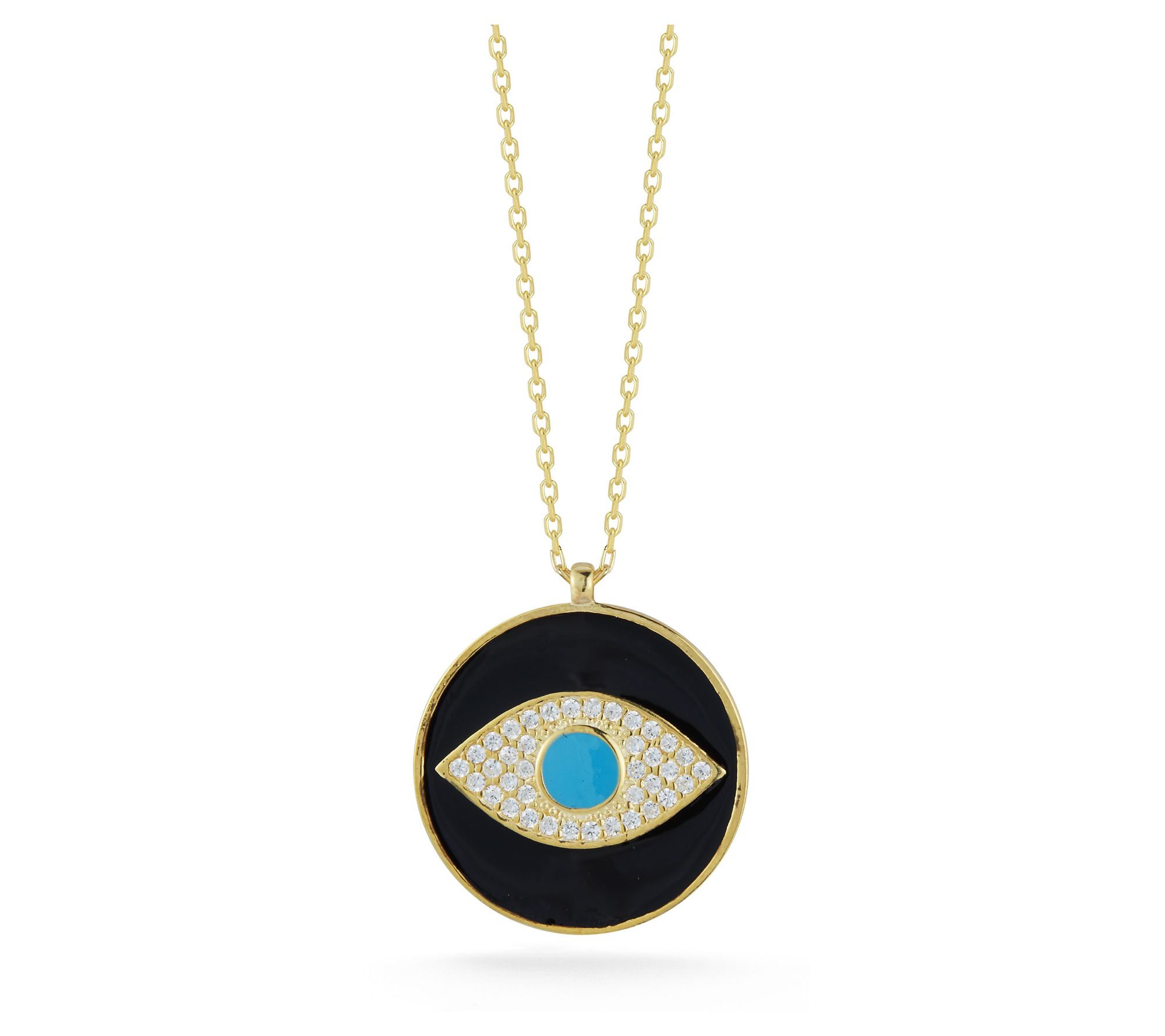 Sterlina Silver Pave Round Evil Eye Necklace, 14K Gold Plated