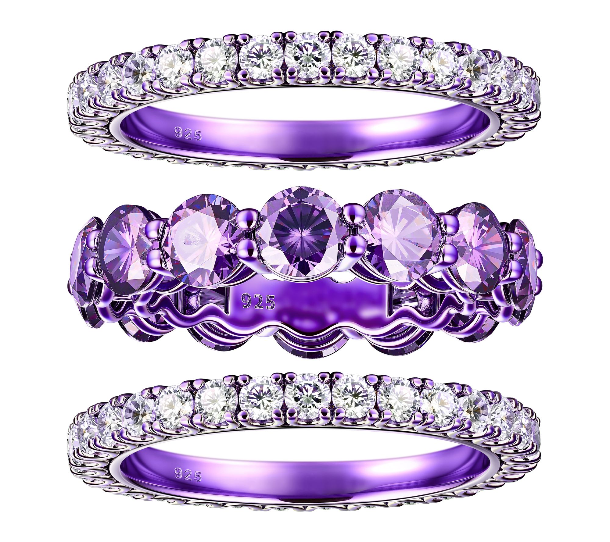 Diamonique x Jennifer Miller Set of 3 Purple Rings, Sterling