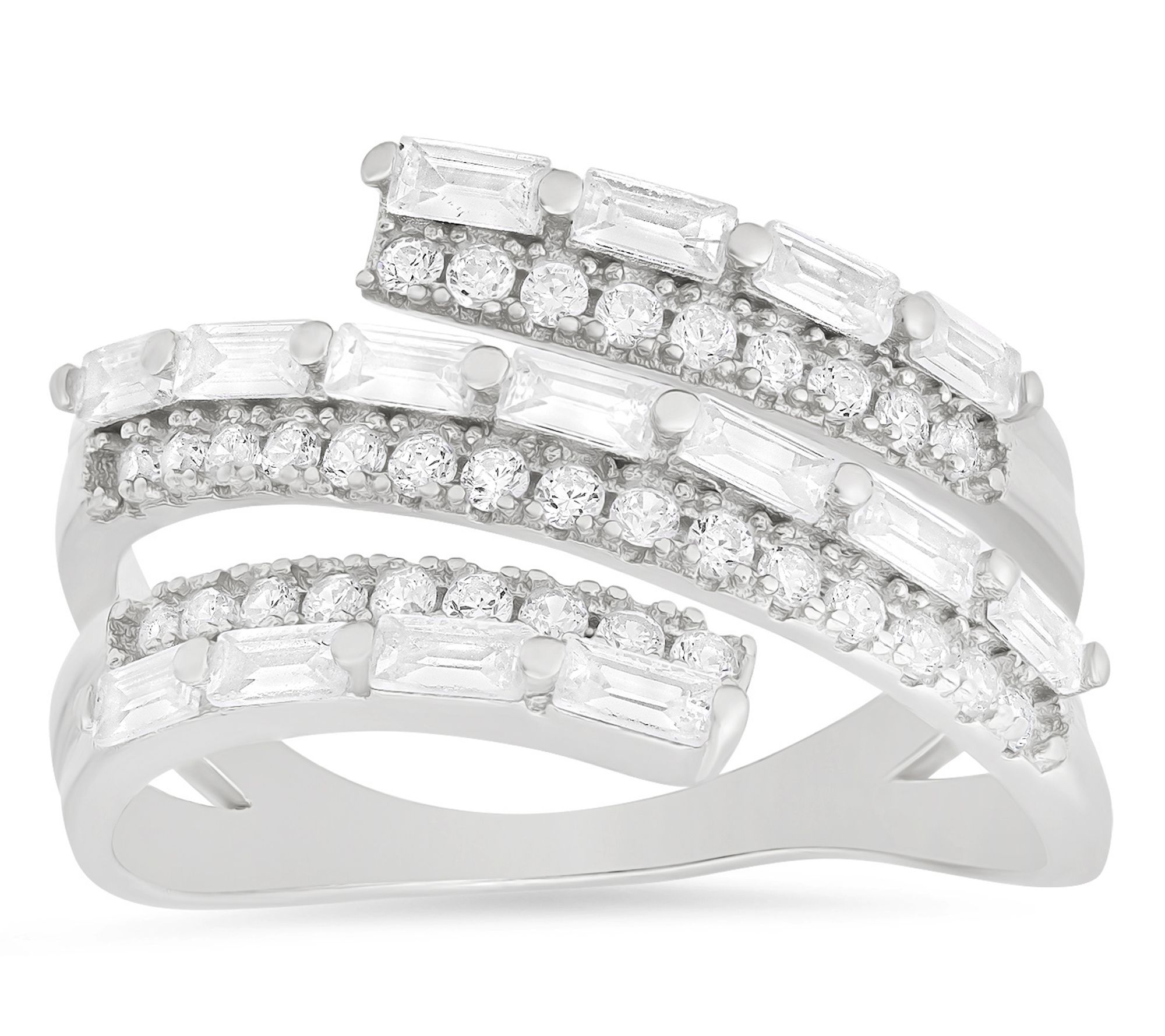 Diamonique Baguette Cut Sprial Crossover Ring,Sterling Silver