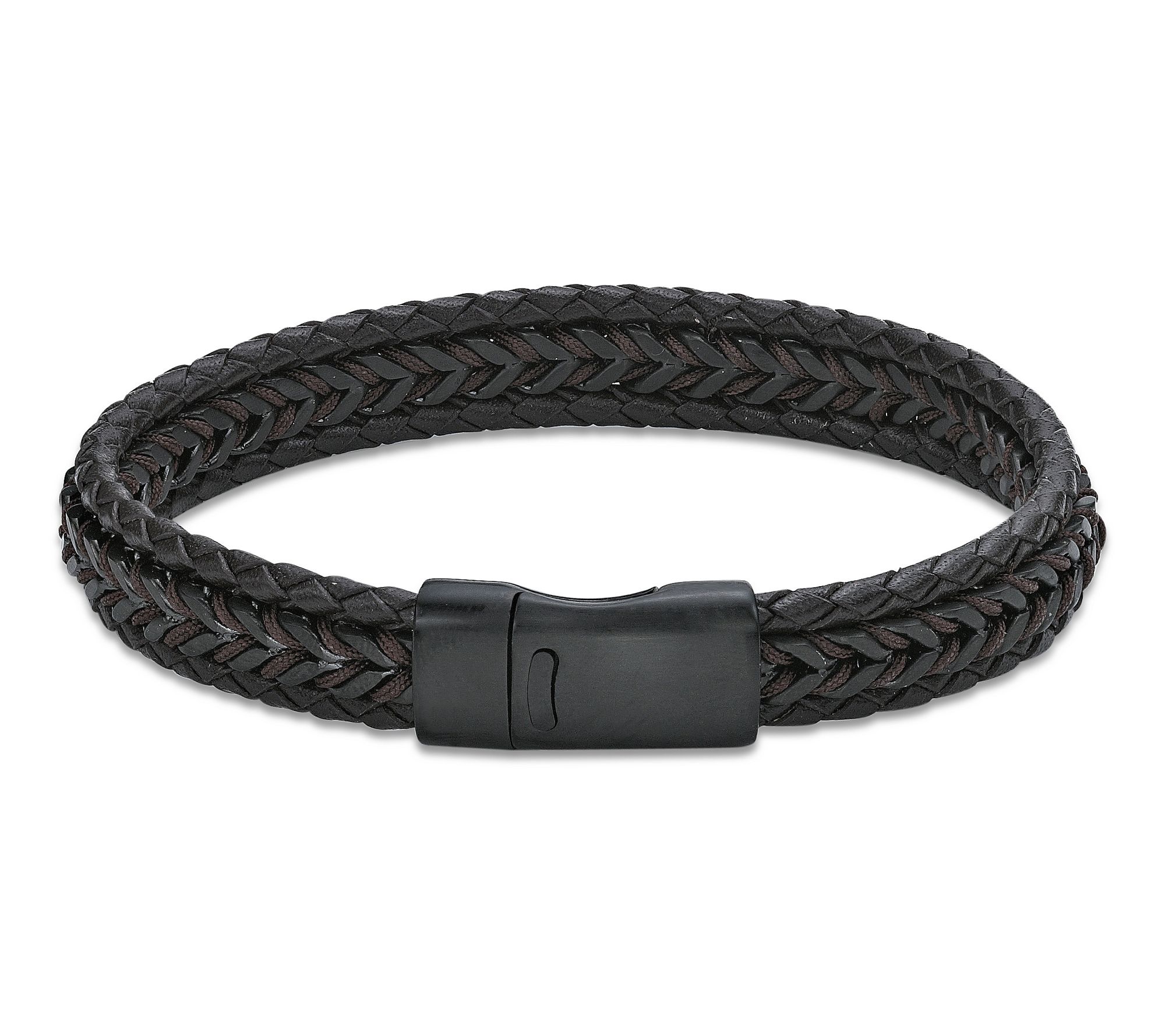 LYNX Men's Black IP Stainless Black Leather Braided Bracelet