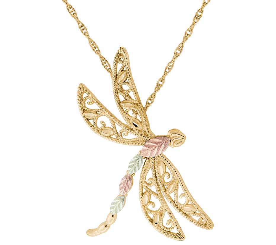 Black Hills Dragonfly Pendant w/Chain, 10K/12Kold