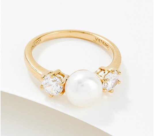 Diamonique Cultured Pearl & Round Cut Bridal Ring Sterling Silver