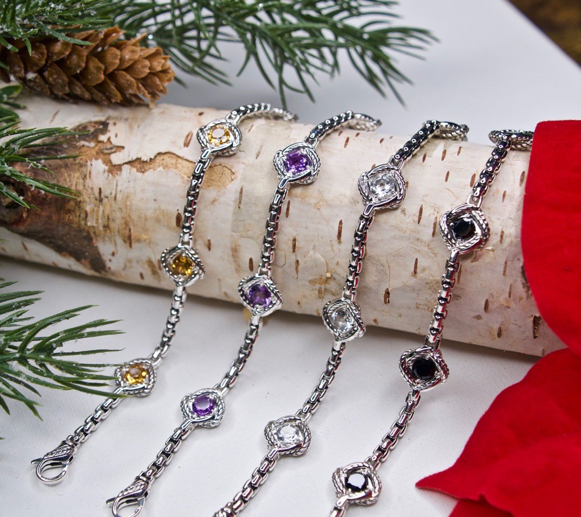 JAI Sterling Silver Gemstone Station Box Chain Bracelet - QVC.com