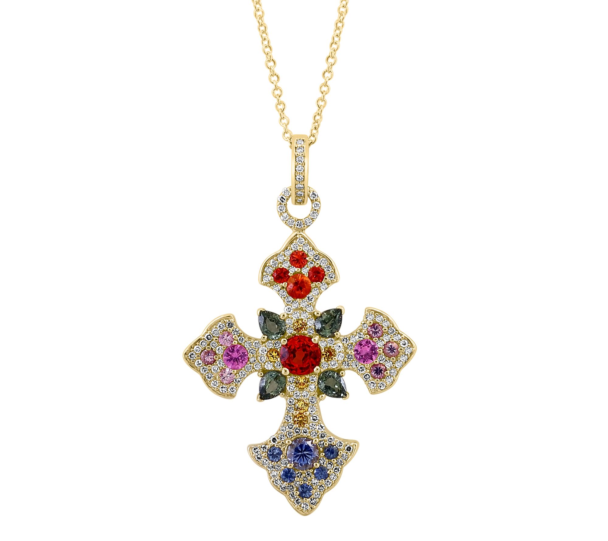 Effy Multi-Sapphire & Diamond Cross Pendant w/ hain, 14K Gold