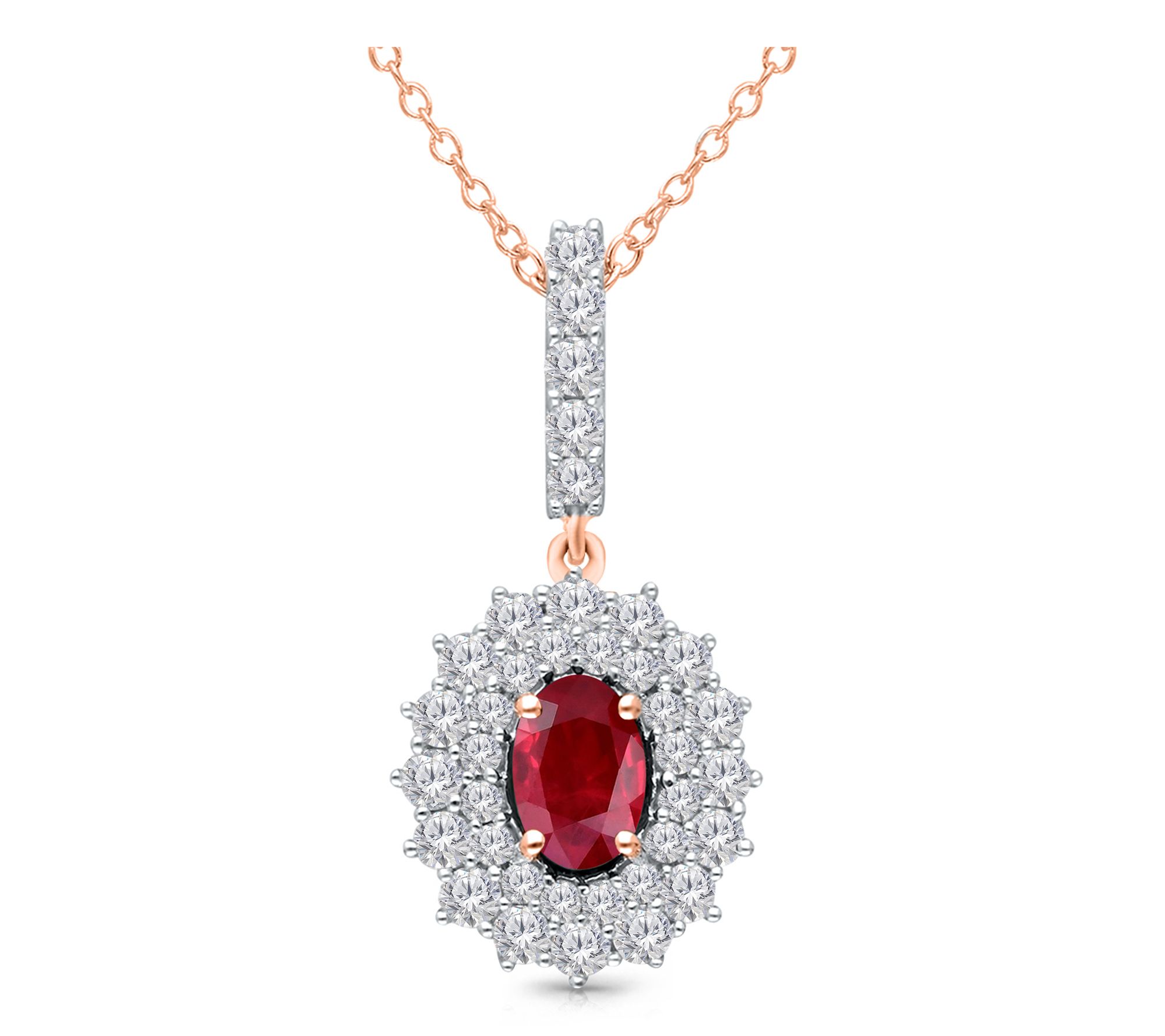 Kallati Ruby & Diamond Halo Pendant w/ Chain, 14K Rose Gold