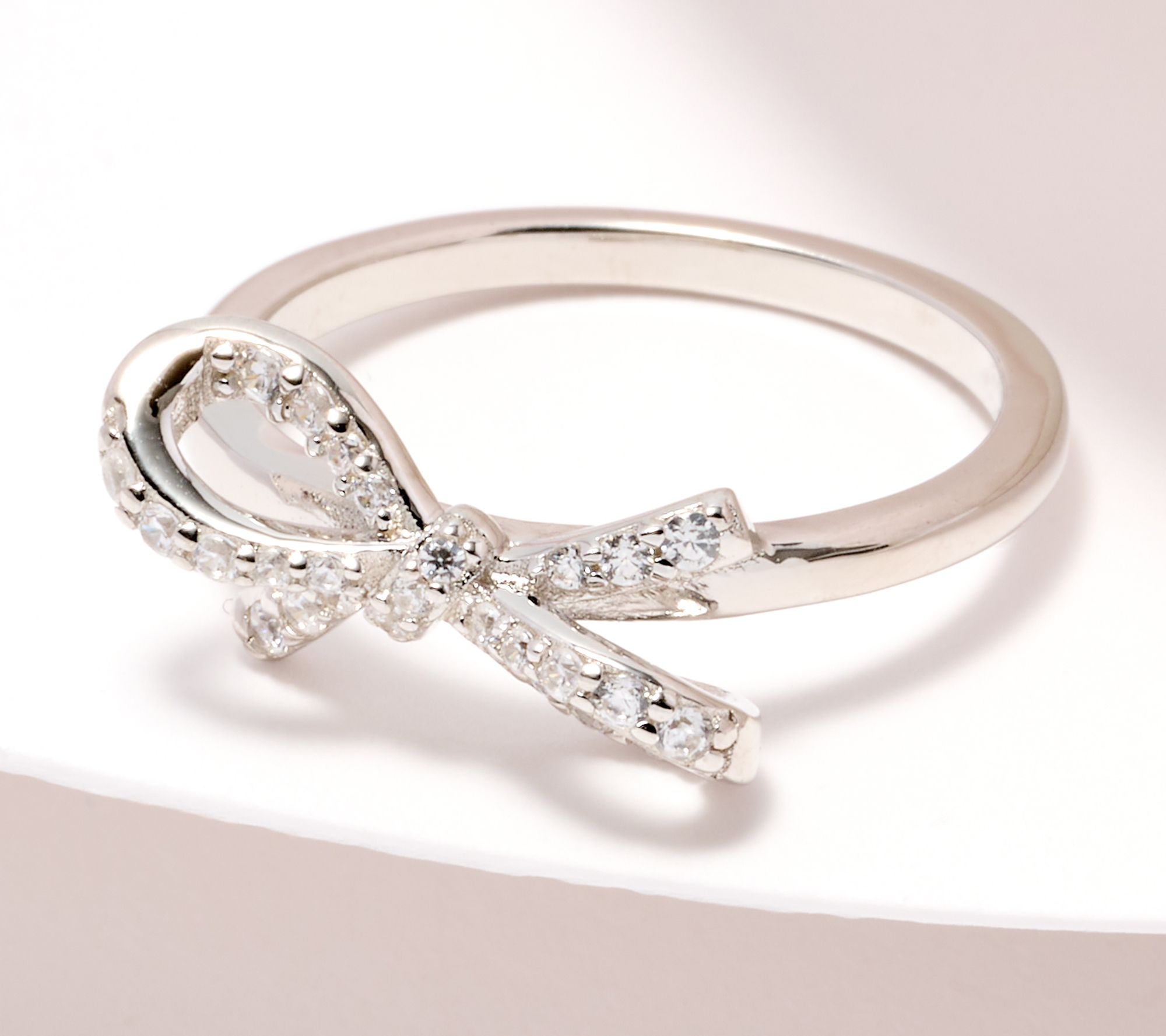 "As Is" Diamonique Tied to You Round Cut Bow Ring, Sterling Silver