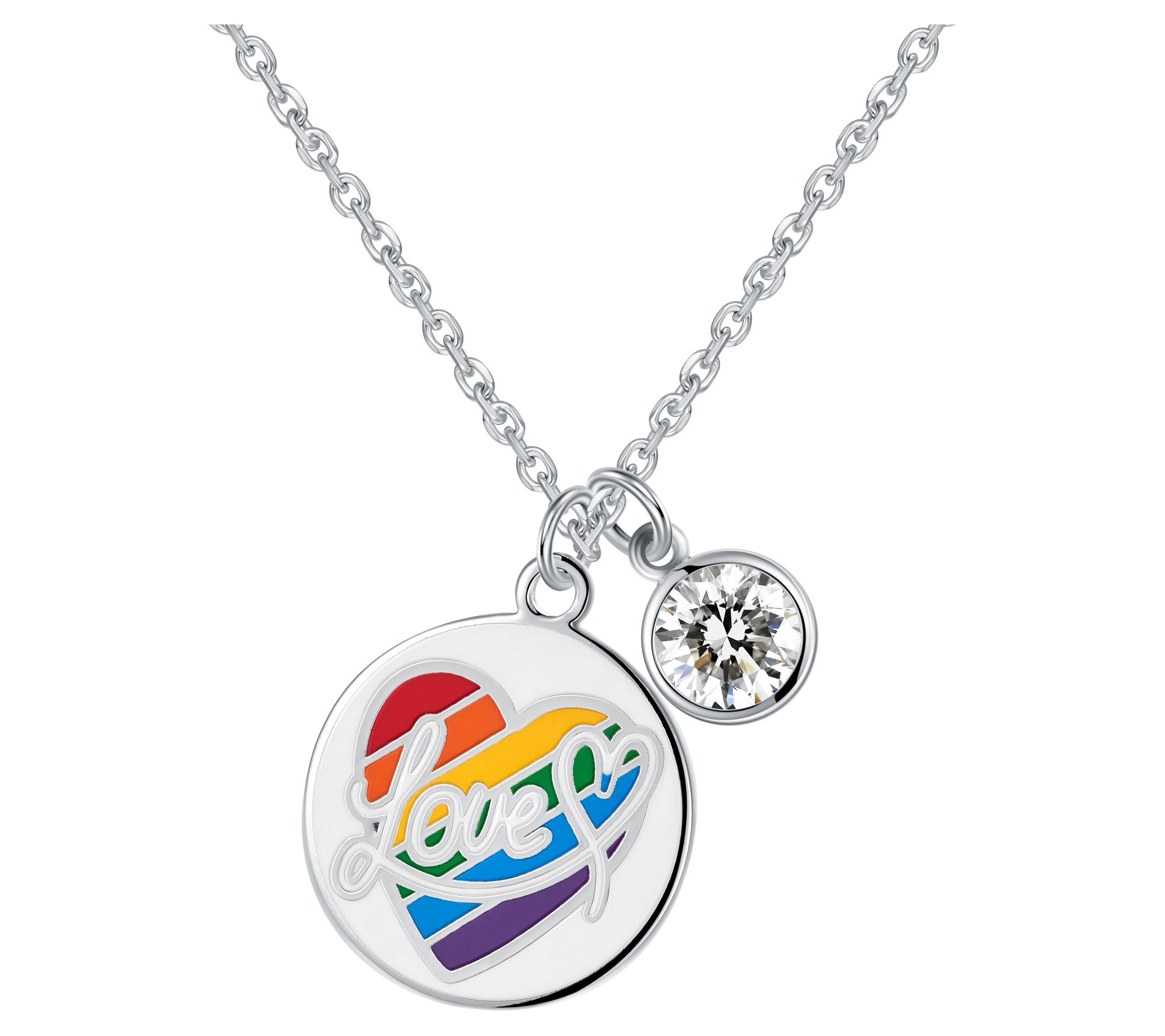 Diamonique "Love" Enamel Pendant w/ Chain, Sterling Silver