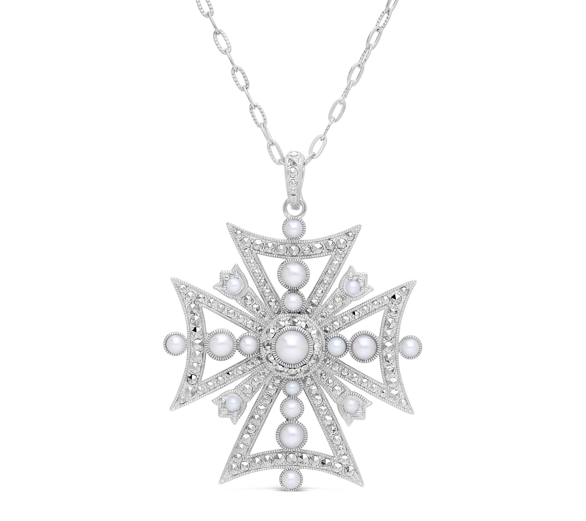 Dallas Prince Sterling Chrome Marcasite & PearlCross Necklace