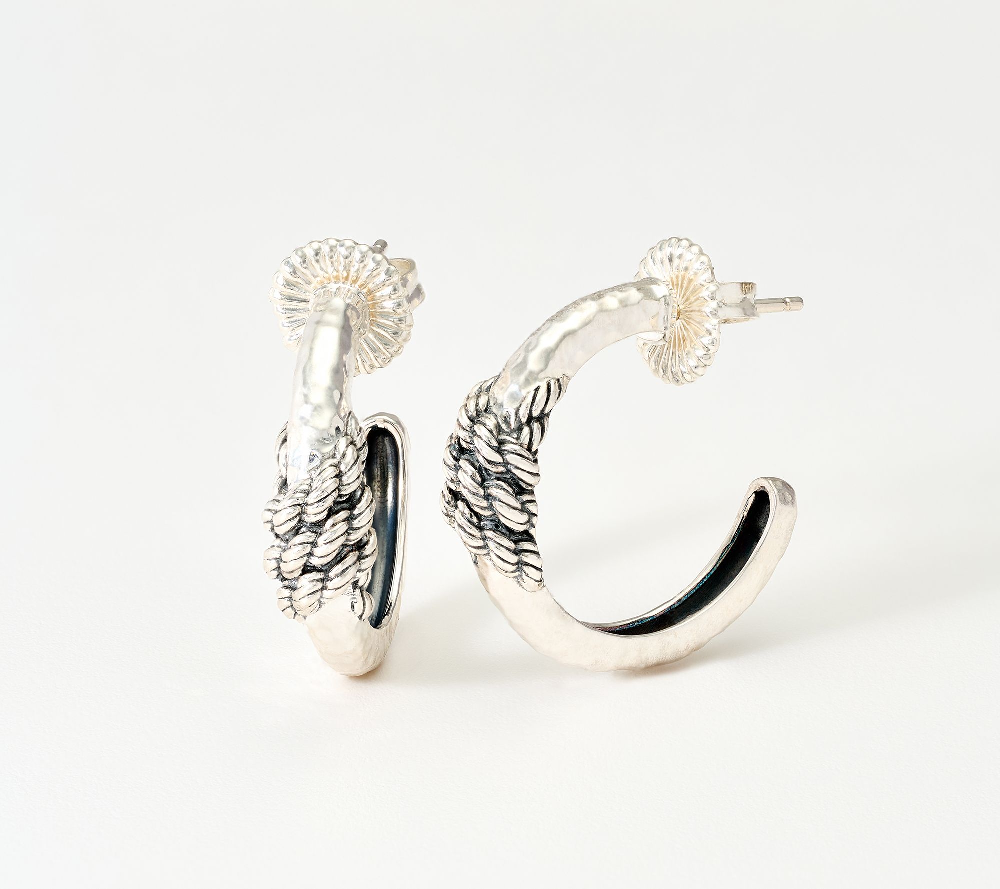 JAI Ireland Sterling Silver Cara Rope Hammered 1" Hoop Earrings