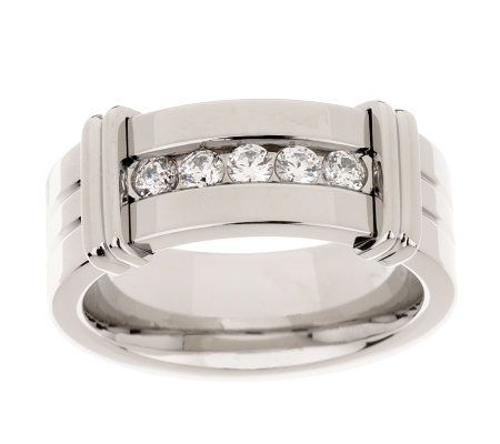 Diamonique Stainless Steel Channel Set Wide Band Ring - QVC.com