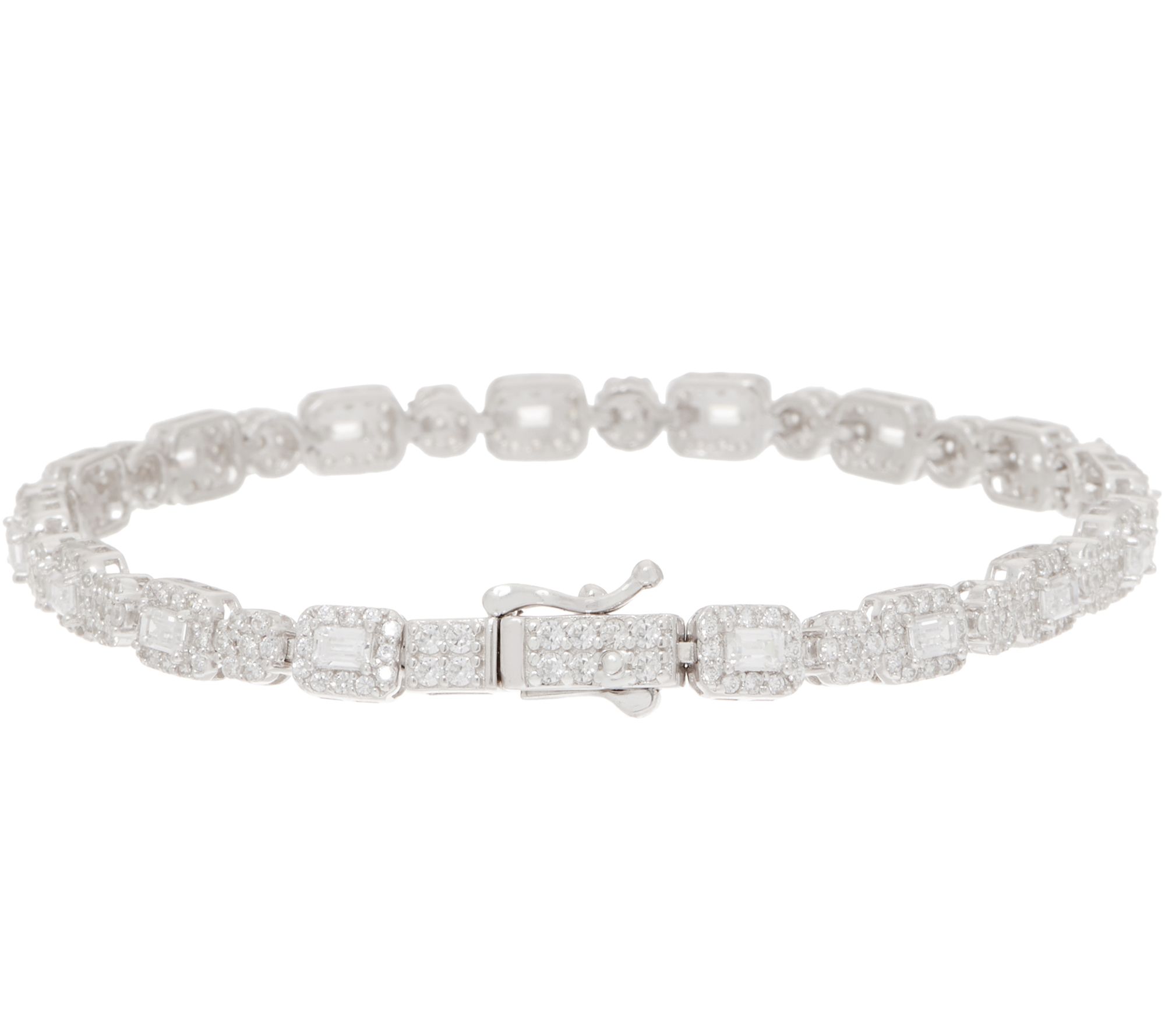 Diamonique Baguette and Round Halo Tennis Bracelet Sterling Silver ...