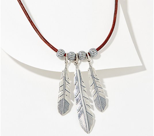 American West Sterling Silver 3 Feather Leather 17" Necklace