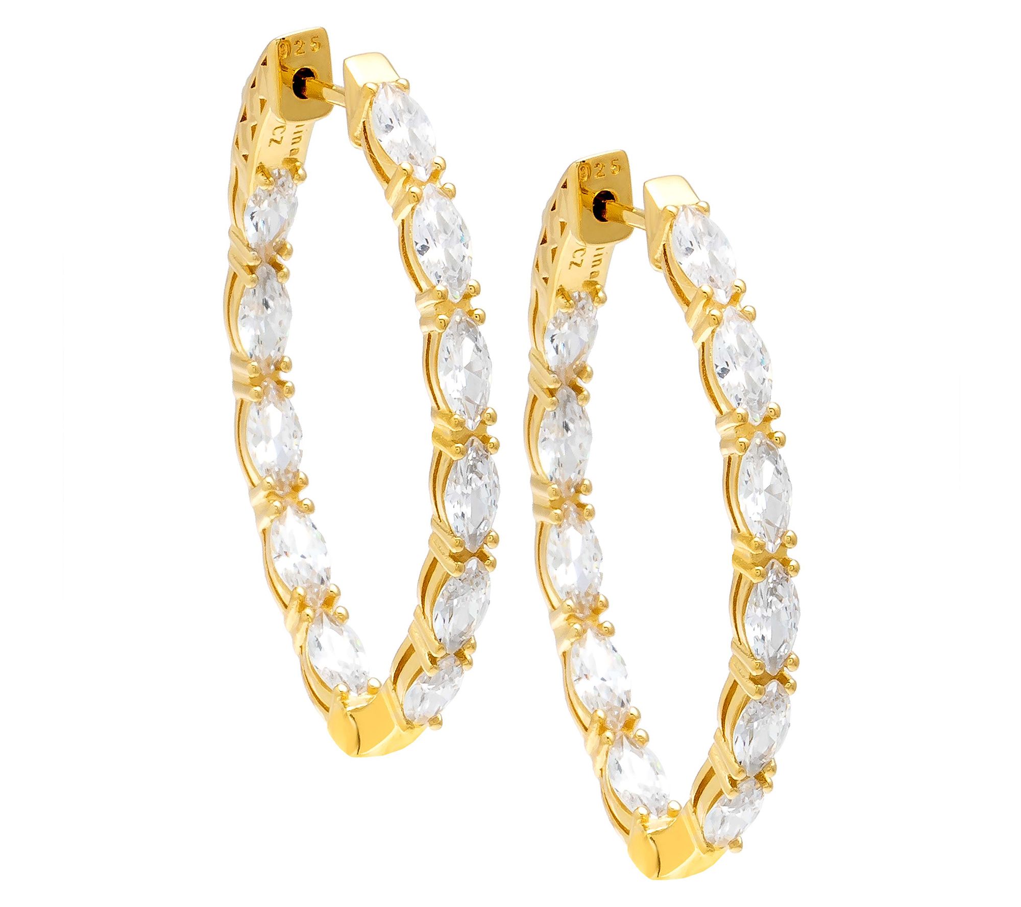 Diamonique Hinged Hoop Earrings, 14K Gold Plated
