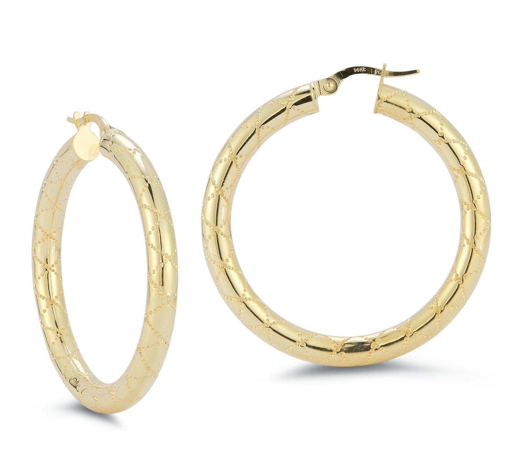 Italian Gold 1-3/8" Thick Bold Quilted Hoop Earrings, 14K