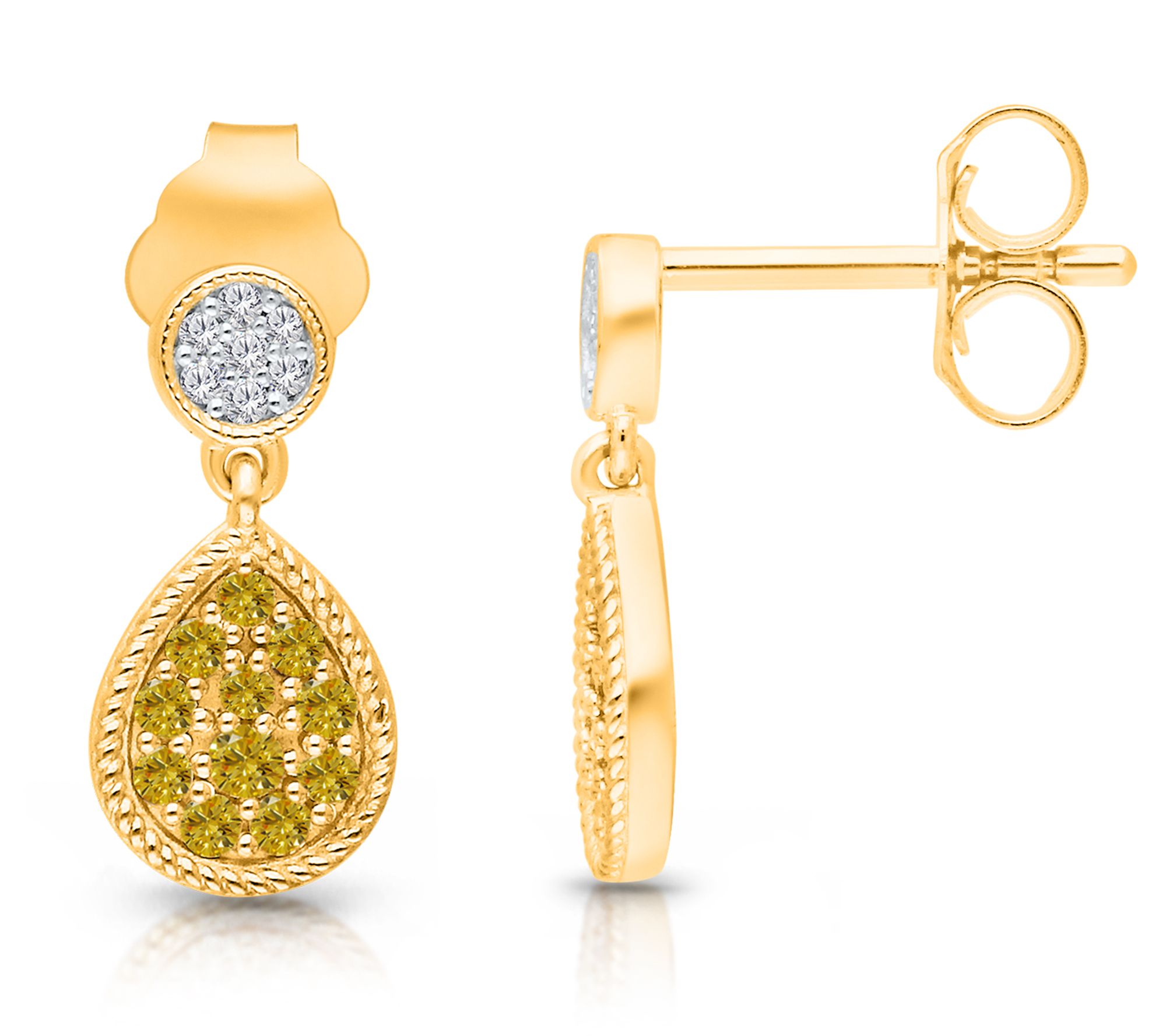 KALLATI White & Yellow Diamond Teardrop Earrings, 14K Gold