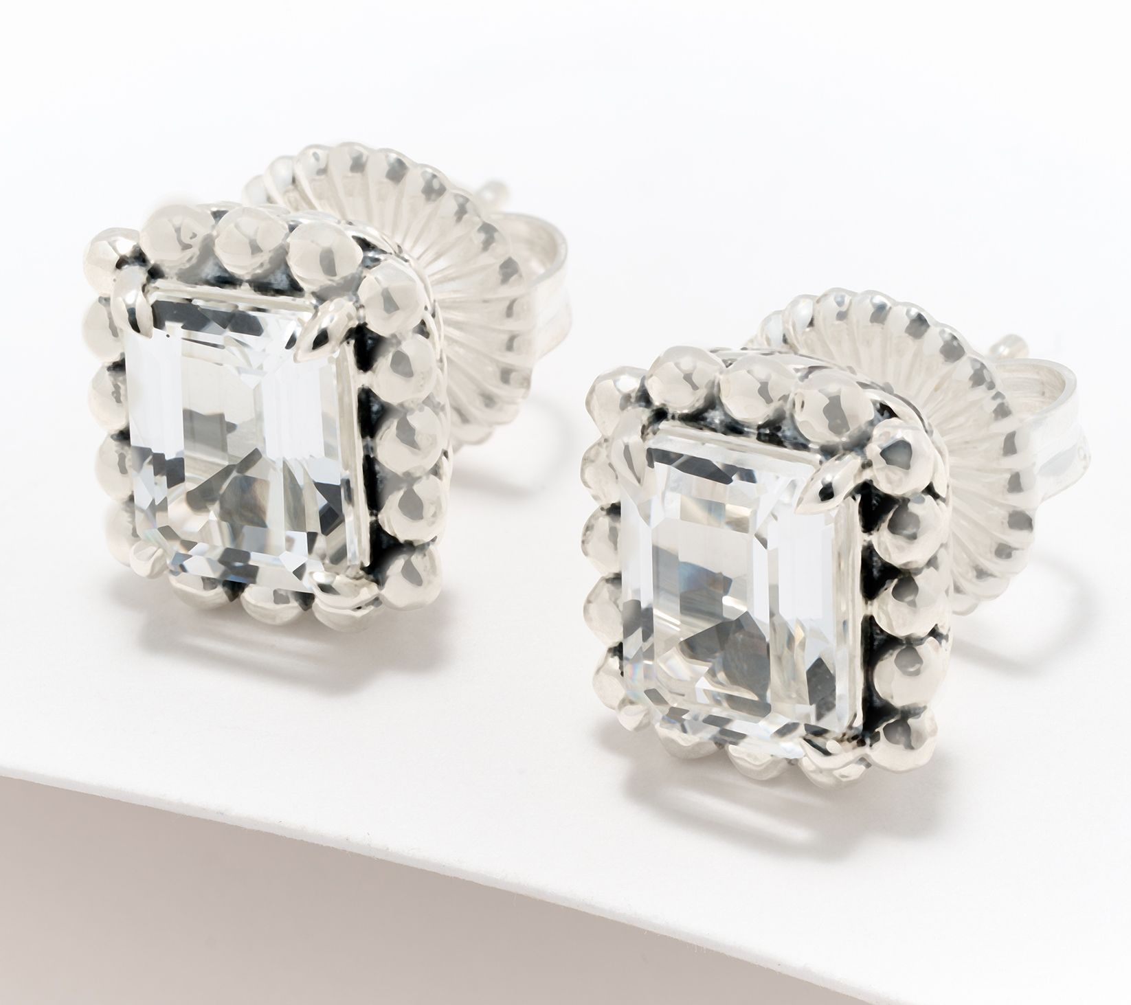 JAI Sterling Silver Emerald Cut Gemstone Stud Earrings
