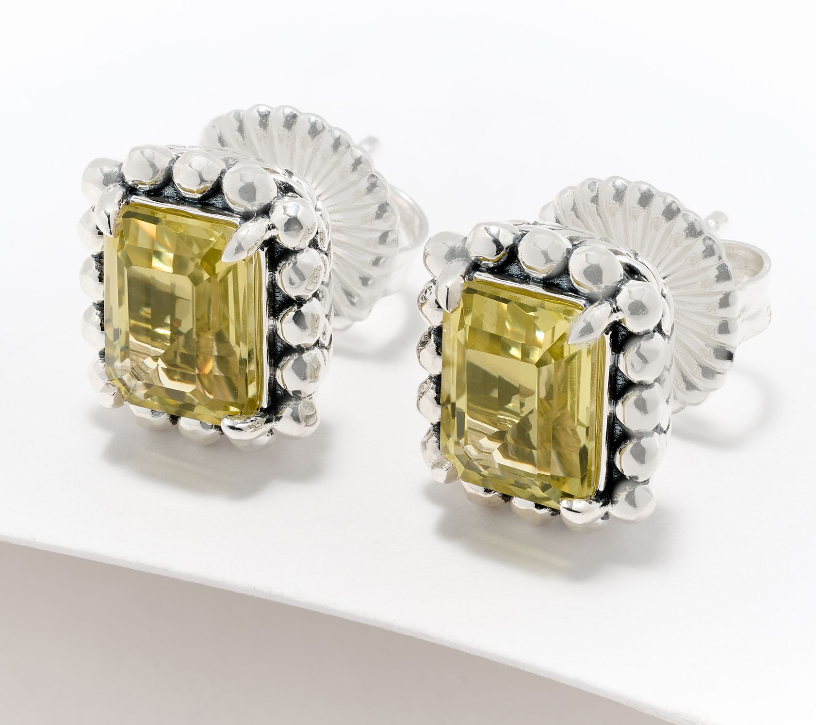 JAI Sterling Silver Emerald Cut Gemstone Stud Earrings