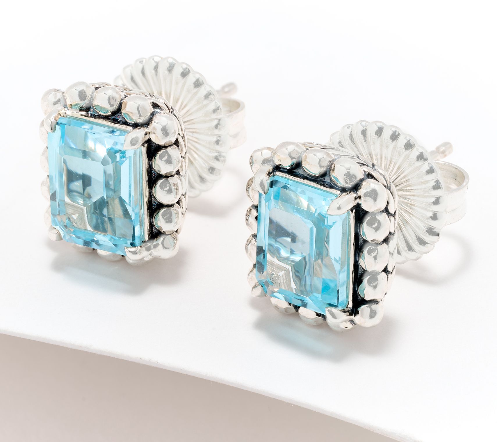 JAI Sterling Silver Emerald Cut Gemstone Stud Earrings