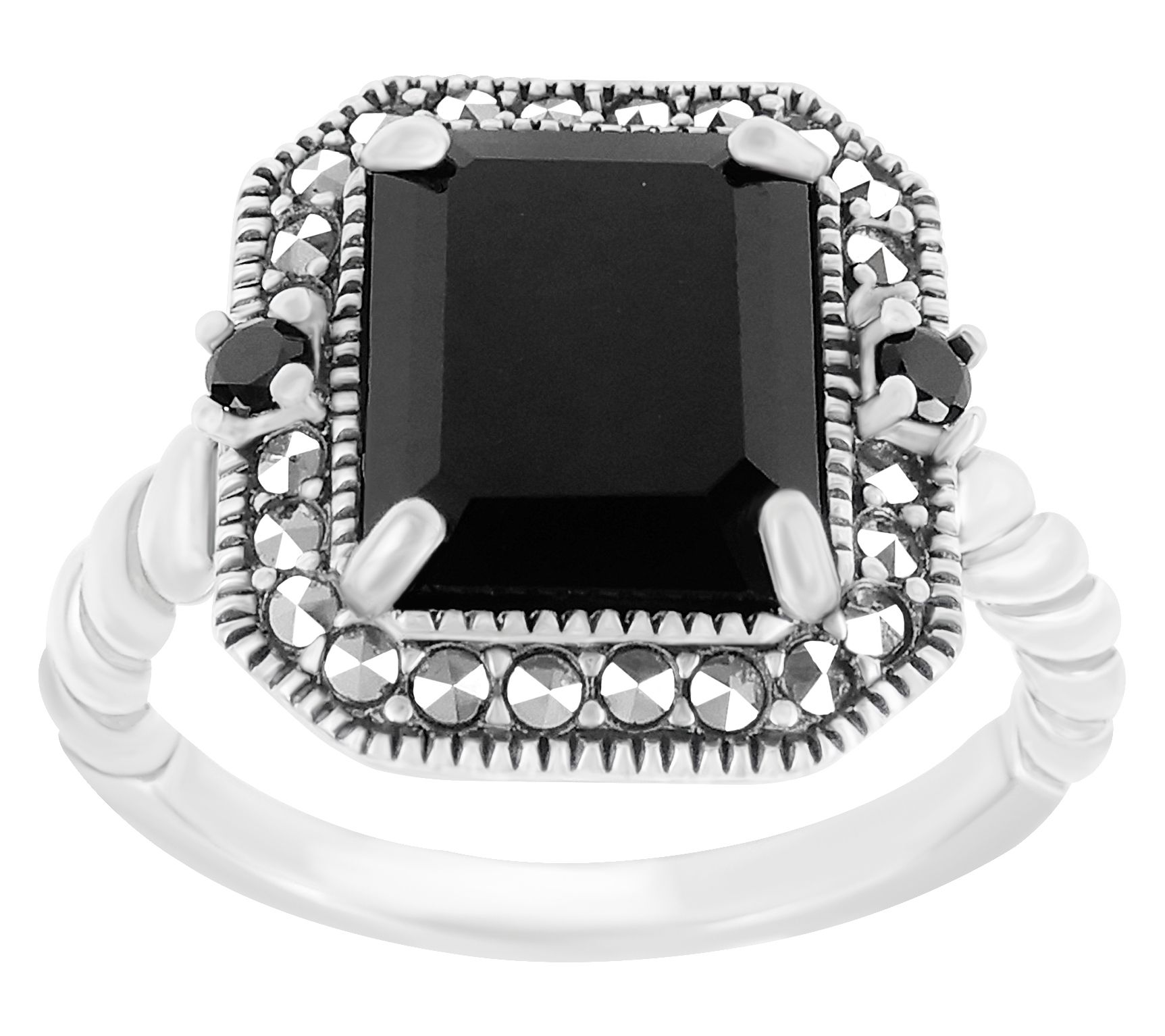 Suspicion Sterling Onyx, Spinel & Marcasite Cocktail Ring