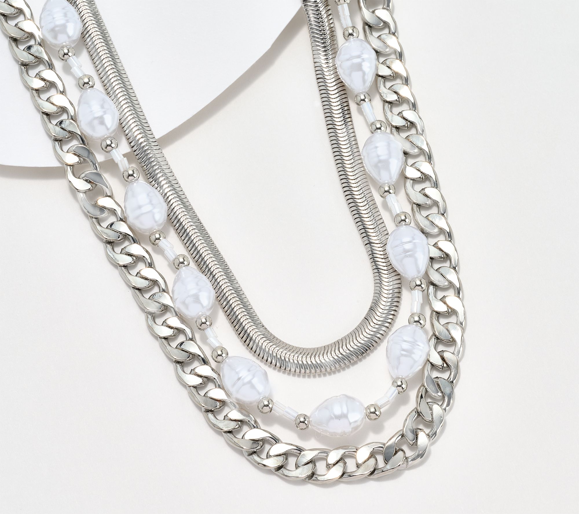 Susan Graver Three Row Chain and Simulated Pearl Necklace