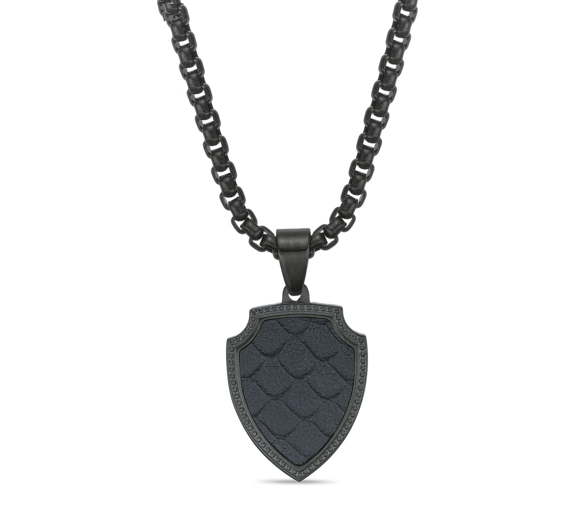 LYNX Stainless Steel Black IP Leather Shield Pendant w/ Chain