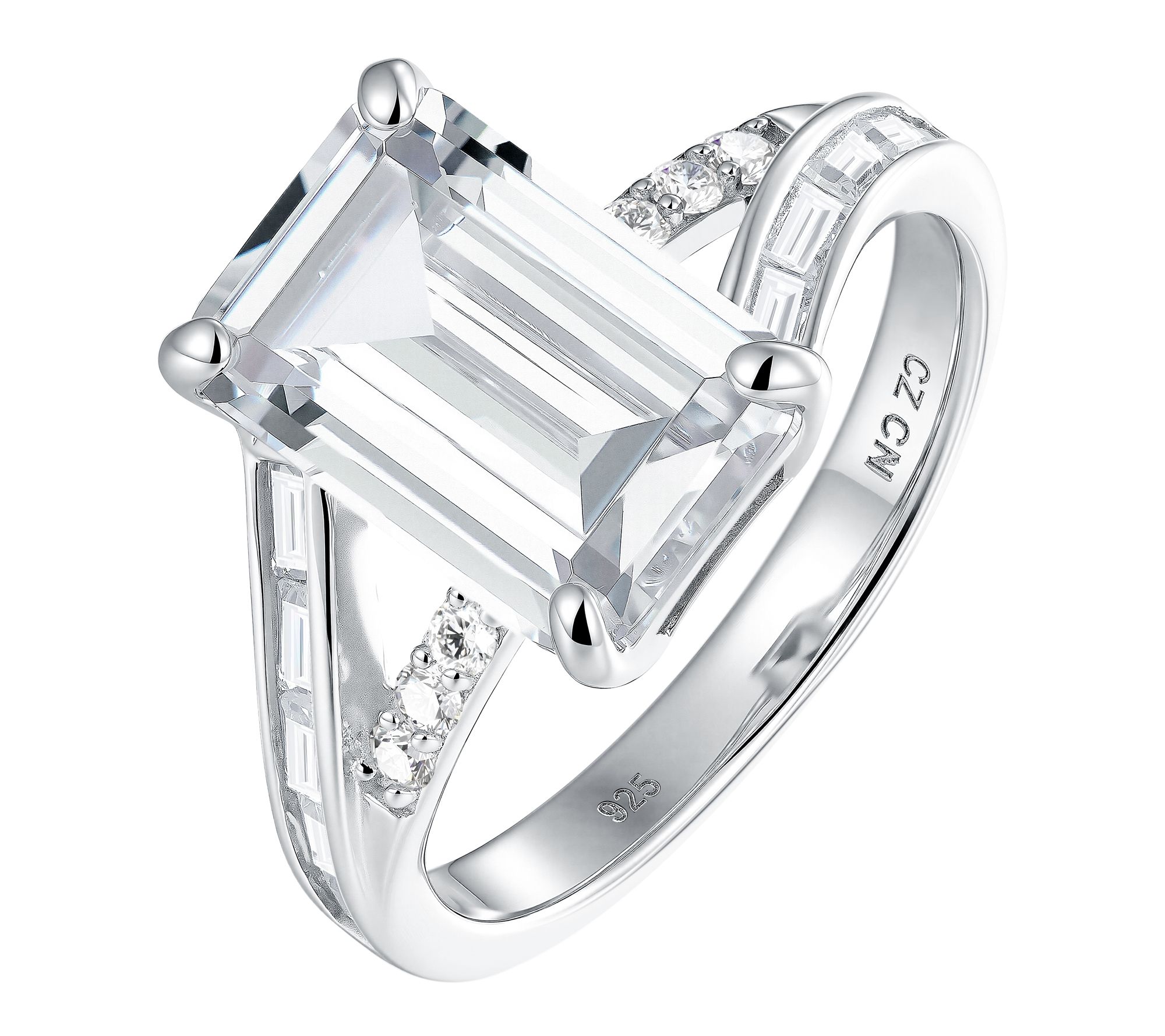 Diamonique Emerald Cut Split Shank Ring, Sterling Silver