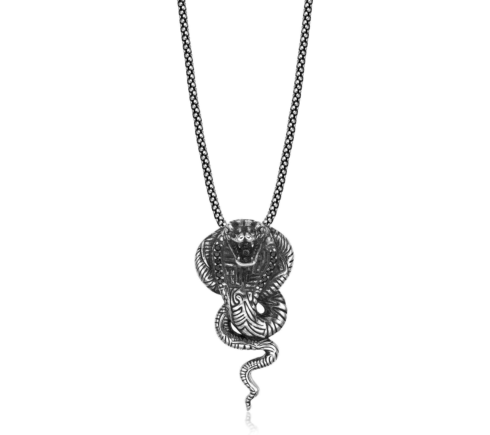 LYNX Men's Sterling Silver Black Spinel Cobra Pendant w/ Chain