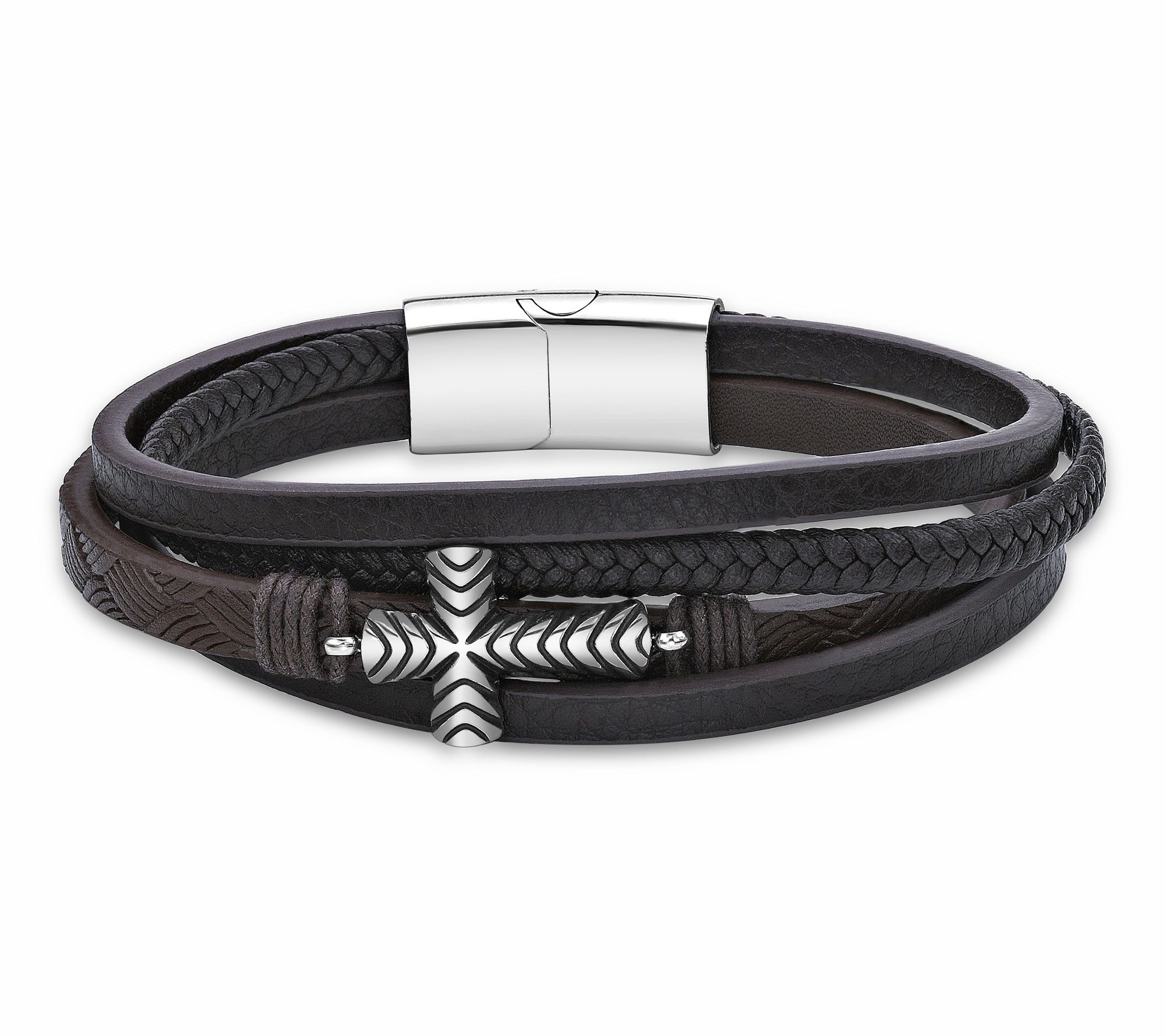 LYNX Men's Stainless Layered Brown Leather Cross Bracelet