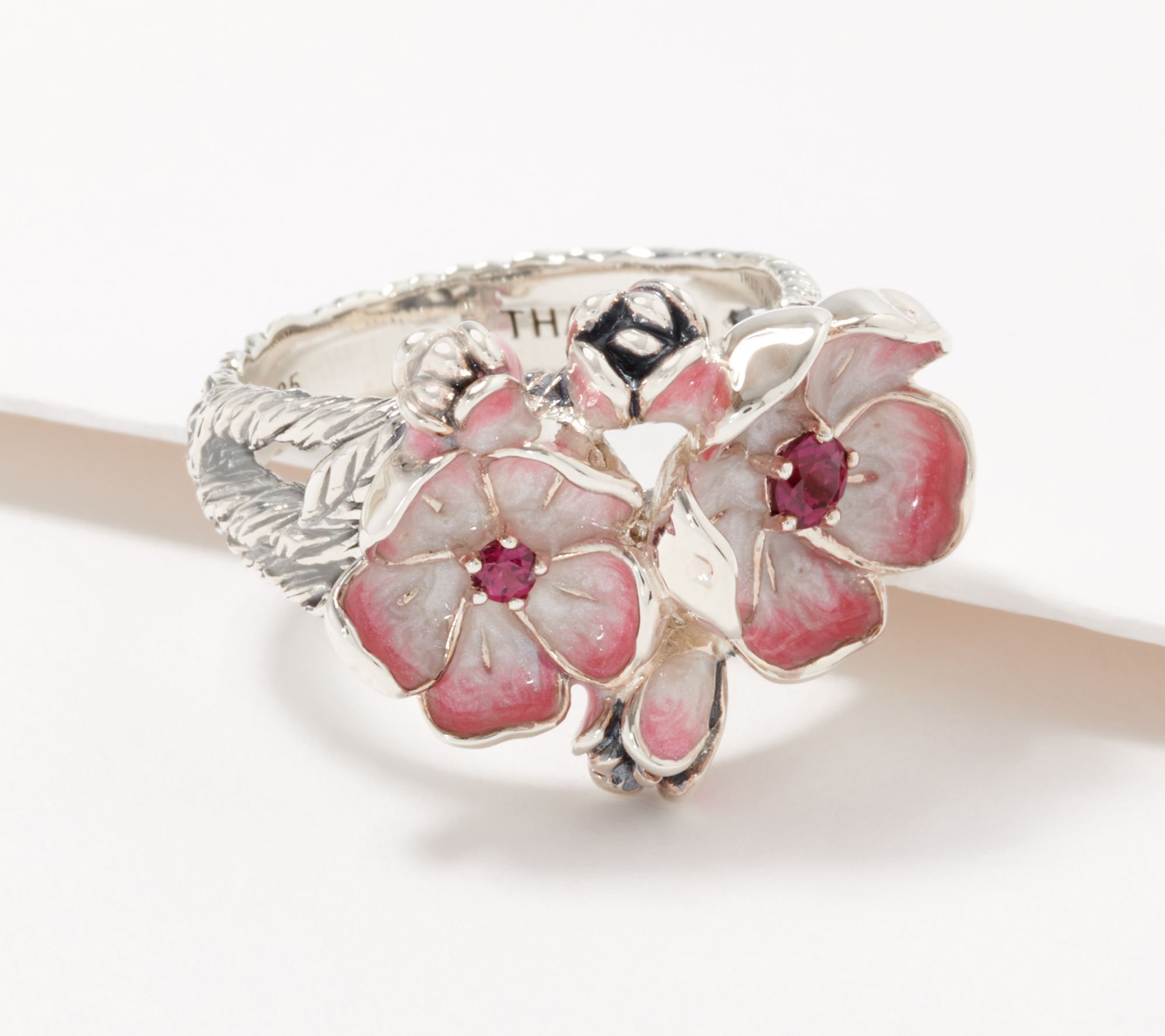 JAI Sterling Silver Enamel Cherry Blossom Ring 