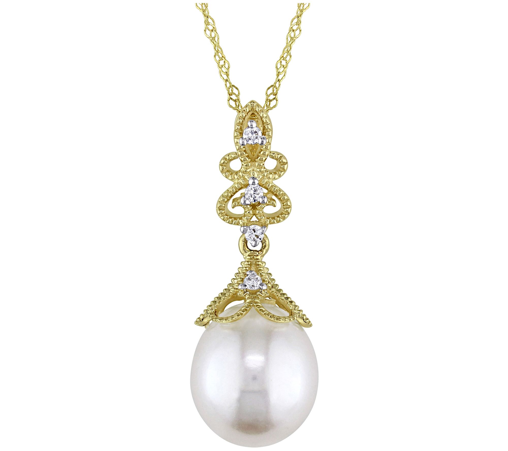 Affinity Cultured Pearl & Diamond Pendant w/ Ch ain, 14K Plate