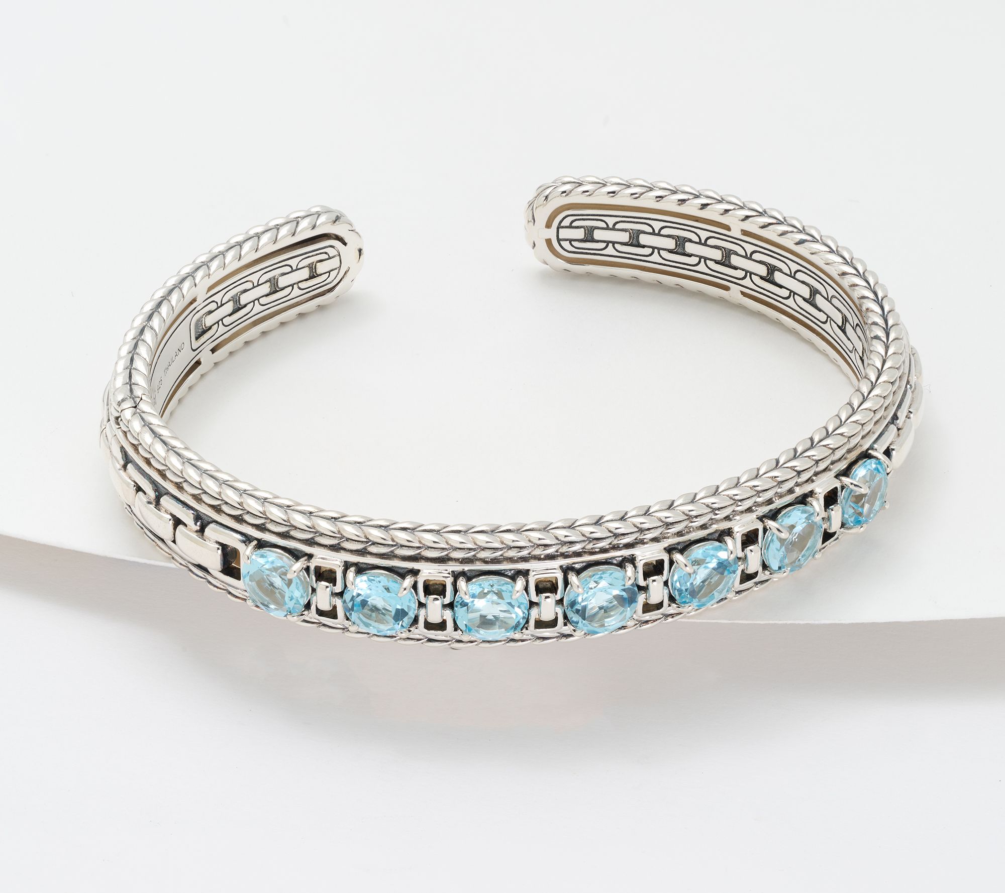 JAI Sterling Silver Round Gemstone Box Chain Cuff Bracelet