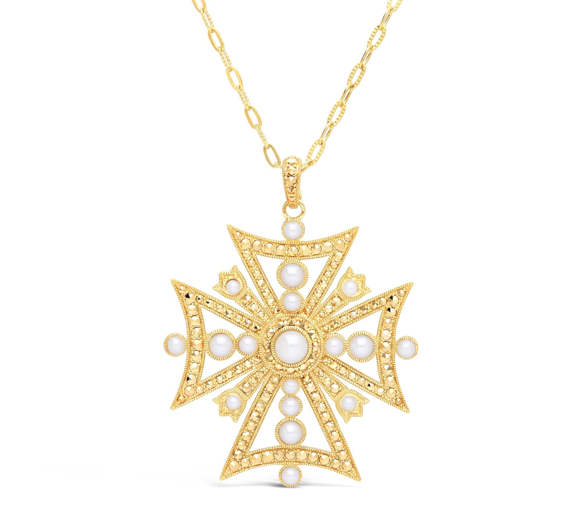 Dallas Prince 14k Clad Chrome Marcasite & PearlCross Necklace