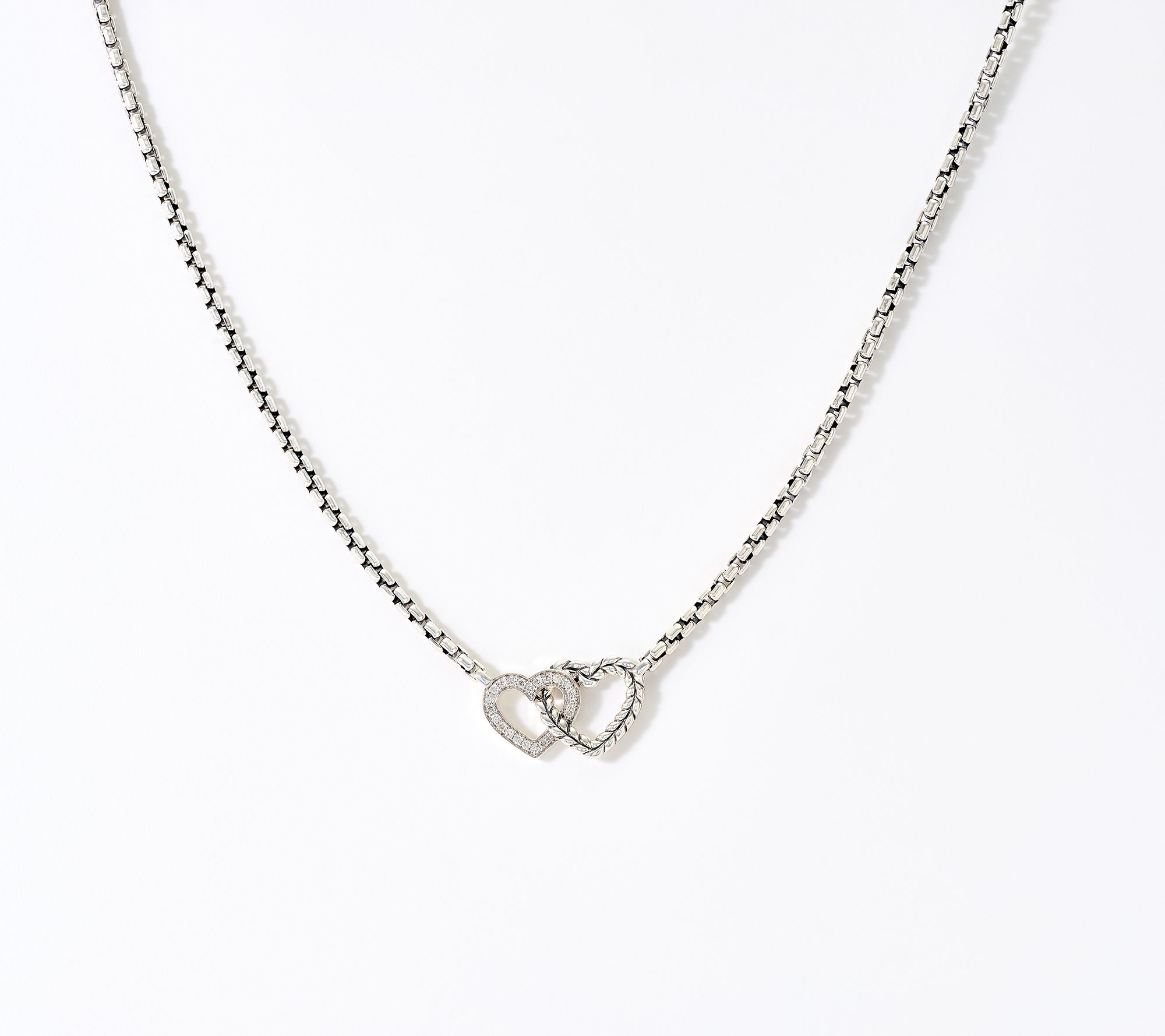 JAI Sterling Silver Diamond Double Heart Box Chain Necklace, 18"
