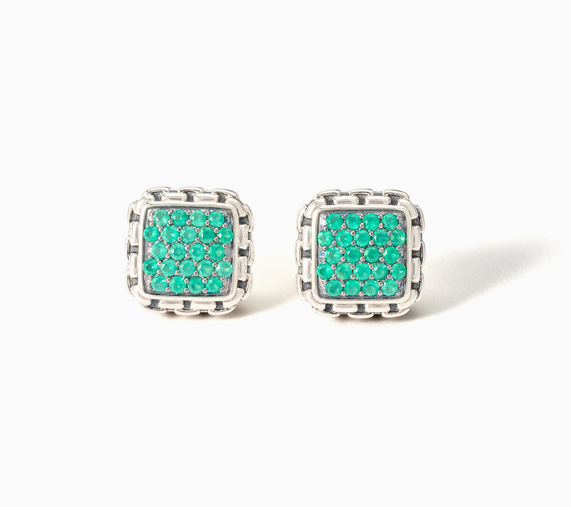 JAI Sterling Silver Pave Gemstone Box Chain Stud Earrings