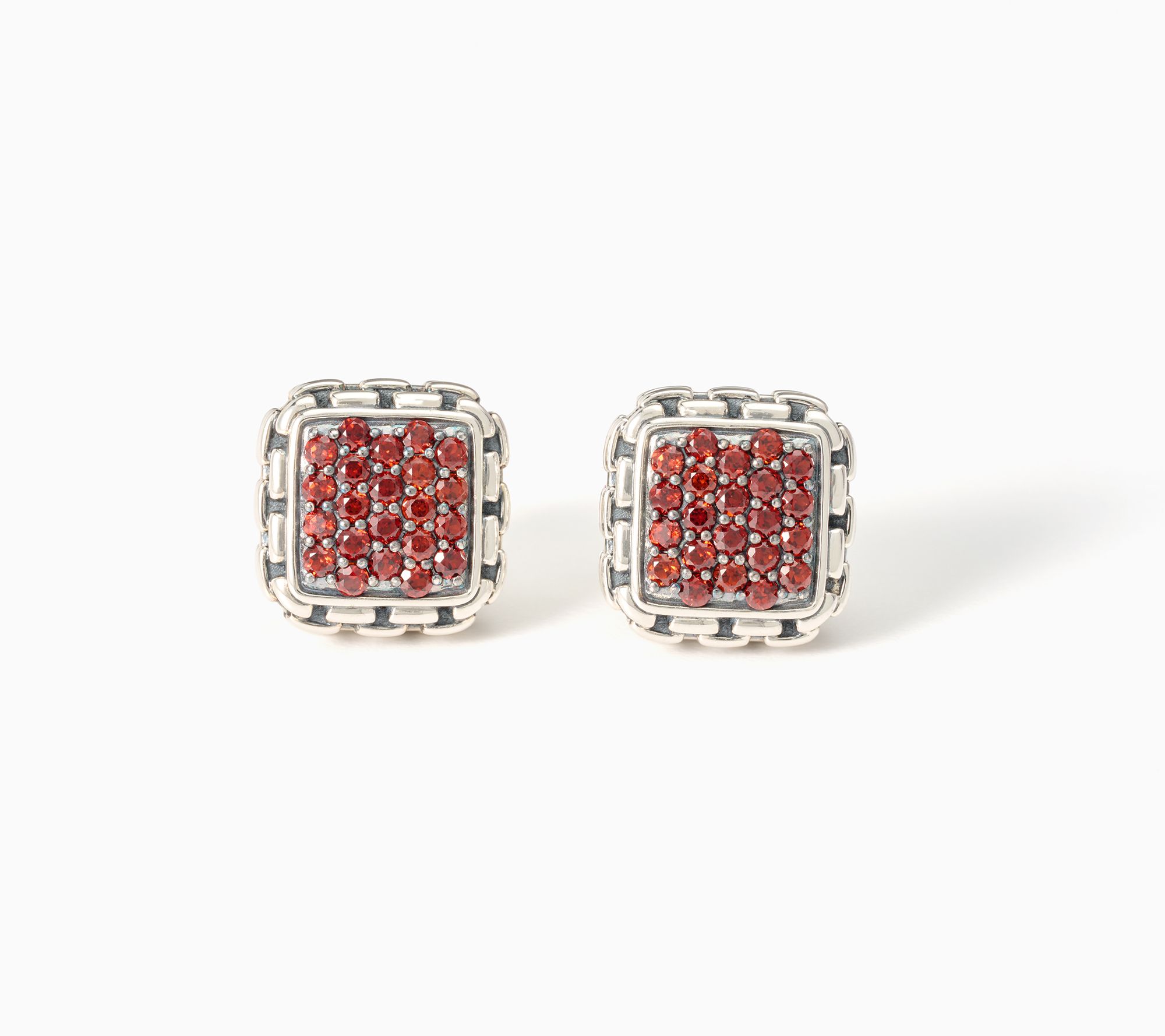JAI Sterling Silver Pave Gemstone Box Chain Stud Earrings