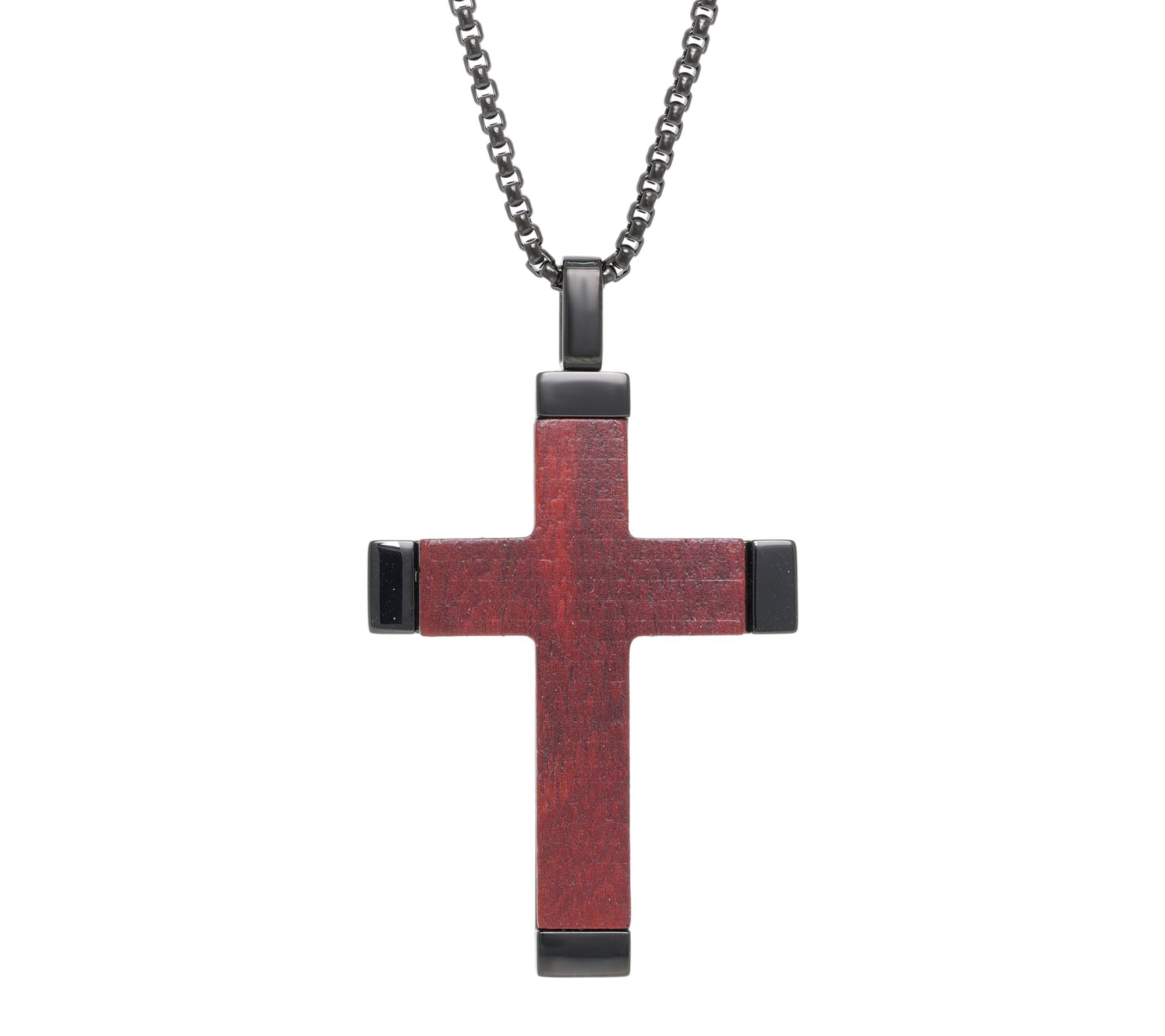 LYNX Stainless Steel Black IP & Wood Cross Pendant w/ Chain